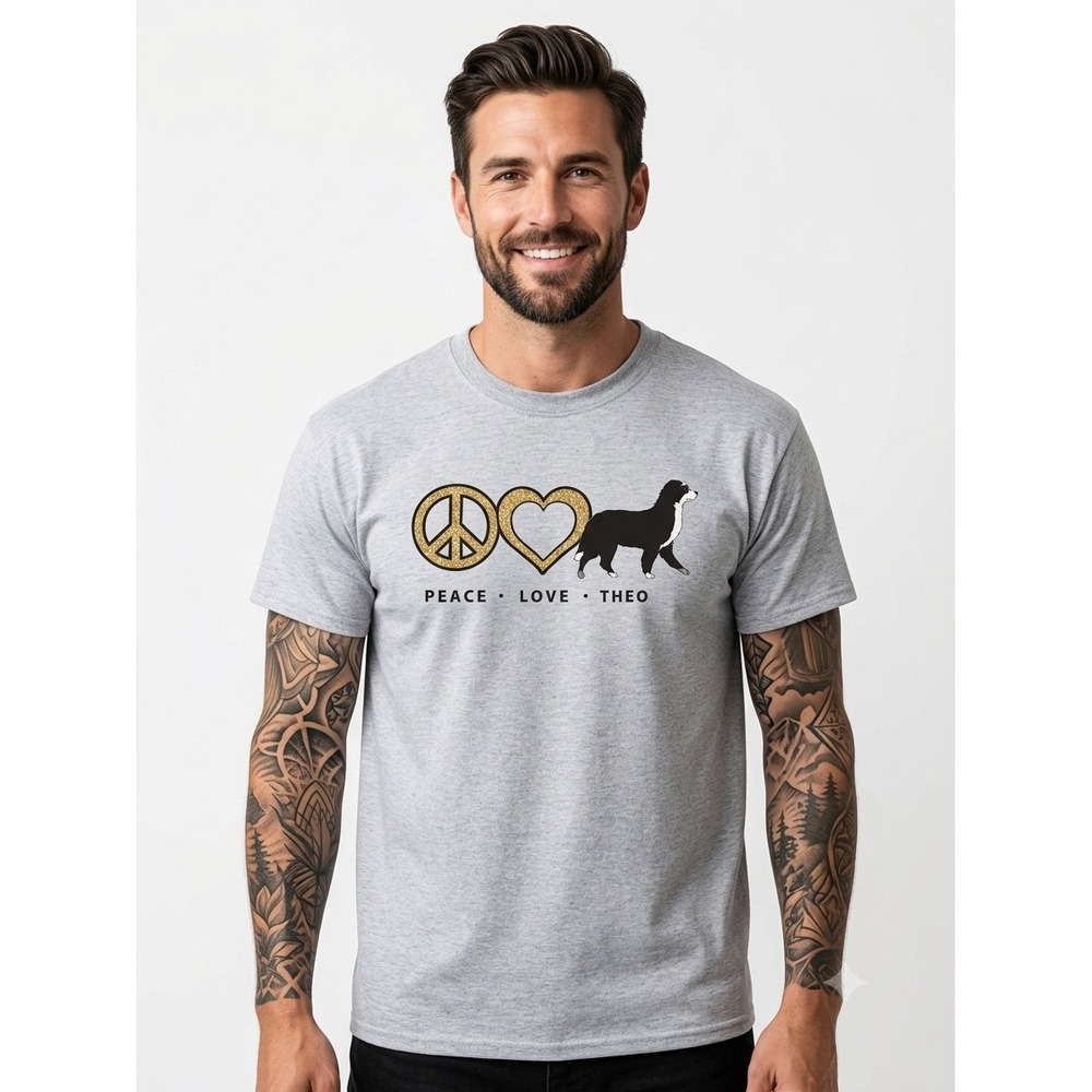 Peace Love Theo Bernese Mountain Dog Graphic T-Shirt Gray Mens XL